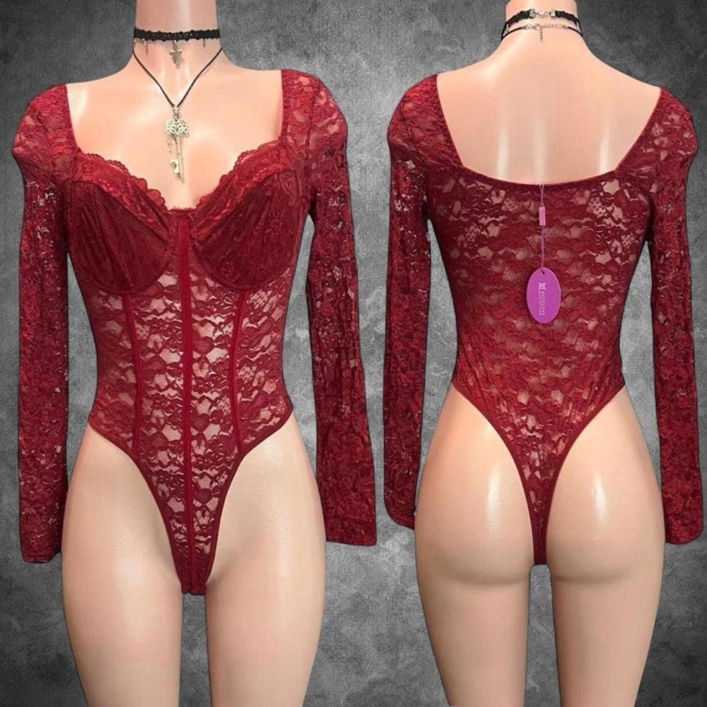 Romantic Red Burgundy Lace Bustier Stretchy Long Sleeve Bodysuit